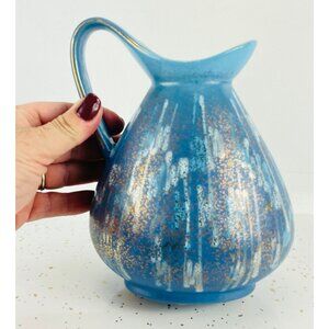 Vintage 1950s pitcher, ceramic jug/vase, blue gold drip, Carstens Tonnieshof